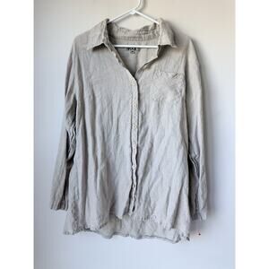 Flax Linen Shirt Womens Medium Button Down Oversized Lightweight beige